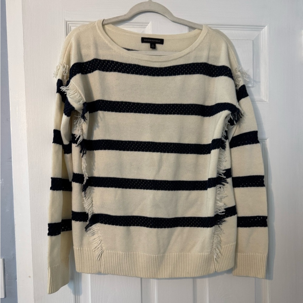 Banana republic striped cream and navy fringe sweater